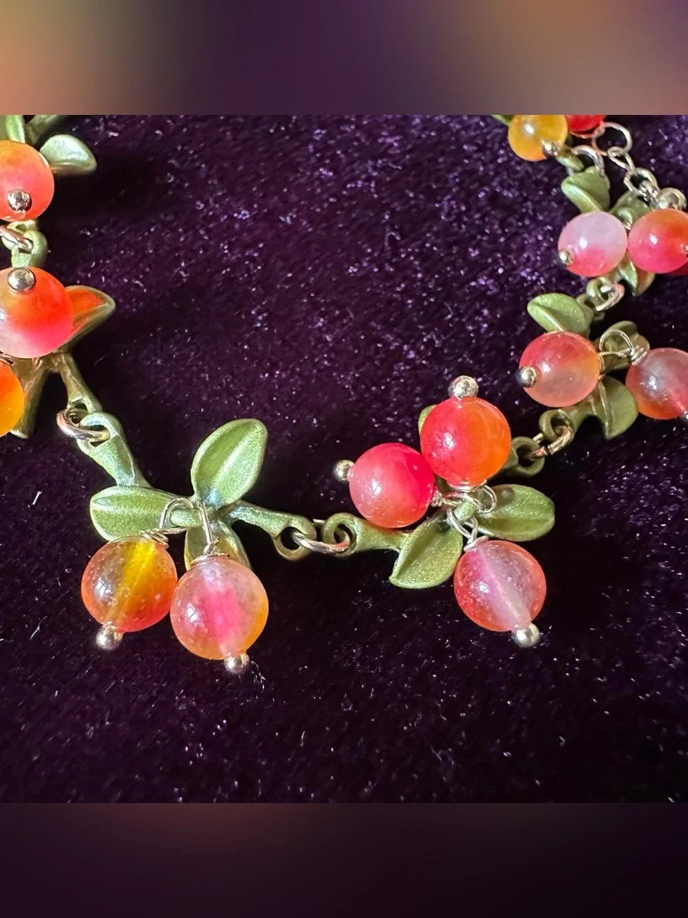 Real stone crystal orange yellow and green cranberry bead leaf bracelet.